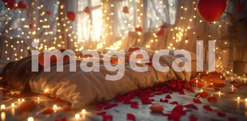 Romantic Valentine's Day background with hearts and candles on the bed - Ai Generated