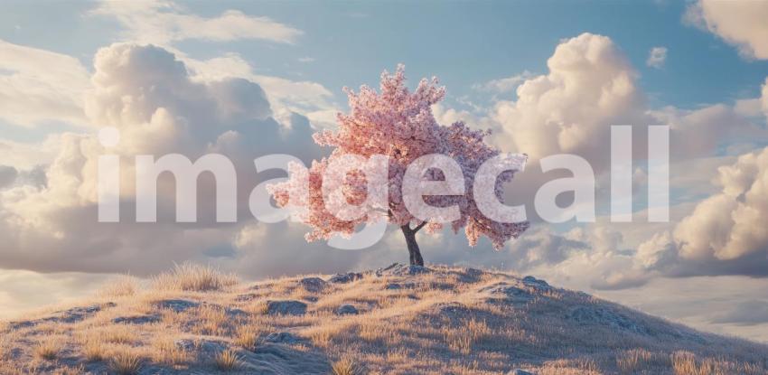 Serene Pink Blossom Tree under a Cloudy Sky Stunning Nature Wall