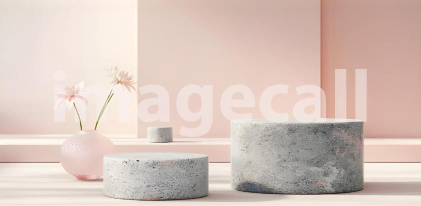 Minimalist scene with round podium and geometric shapes for product presentation - Ai Generated