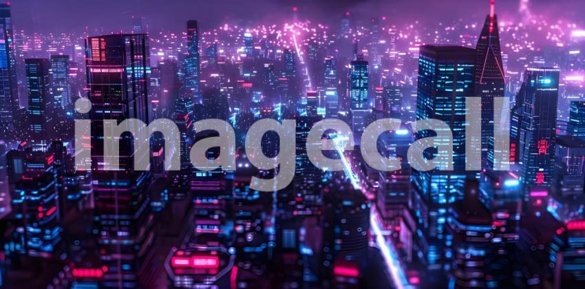 Neon city capital towers with futuristic technology background - Ai Generated