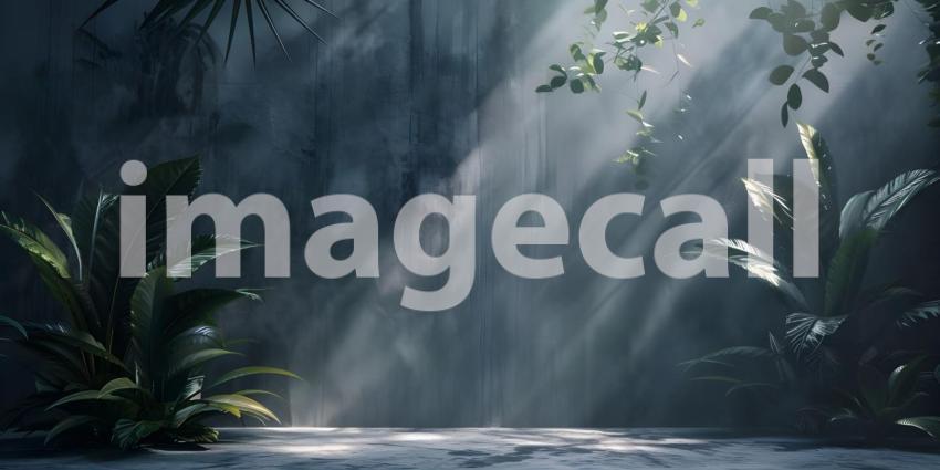 Sleek Black and Grey Studio Background with Leaves - Ai Generated