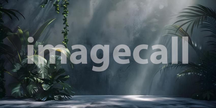 Sleek Black and Grey Studio Background with Leaves - Ai Generated