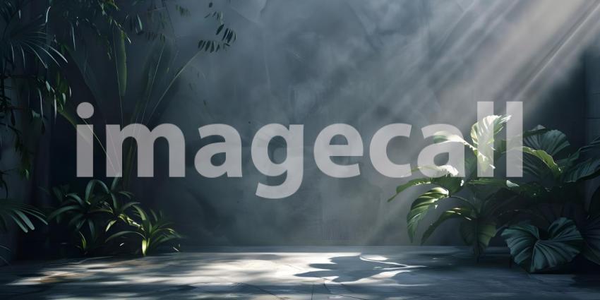 Sleek Black and Grey Studio Background with Leaves - Ai Generated