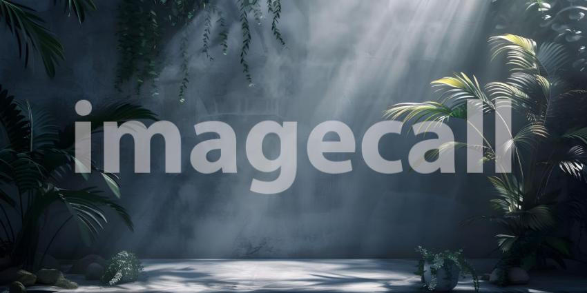 Sleek Black and Grey Studio Background with Leaves - Ai Generated