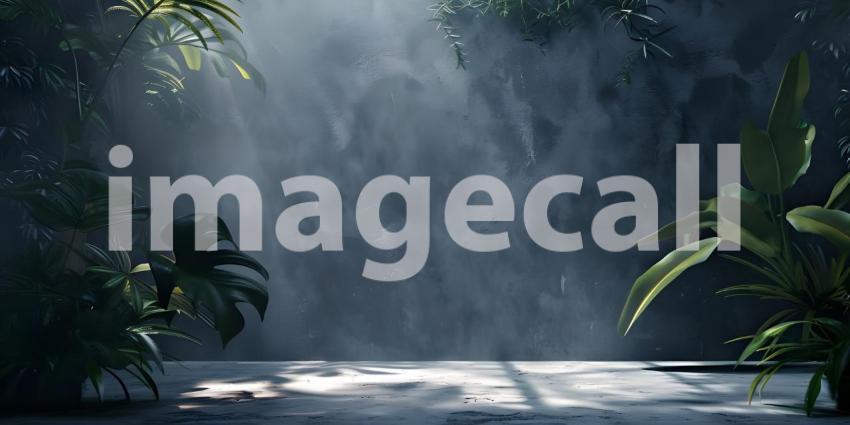 Sleek Black and Grey Studio Background with Leaves - Ai Generated