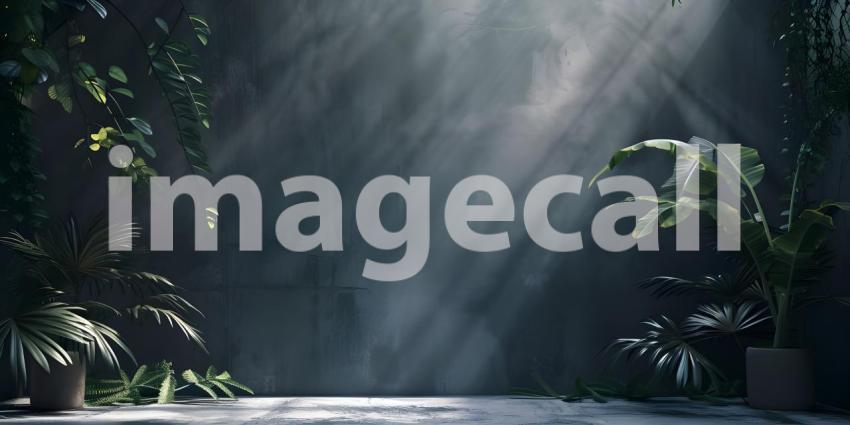 Sleek Black and Grey Studio Background with Leaves - Ai Generated