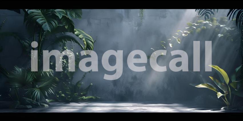 Sleek Black and Grey Studio Background with Leaves - Ai Generated