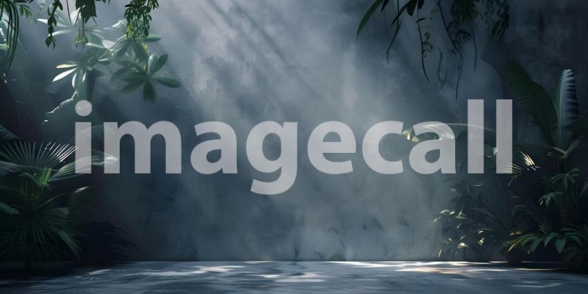 Sleek Black and Grey Studio Background with Leaves - Ai Generated