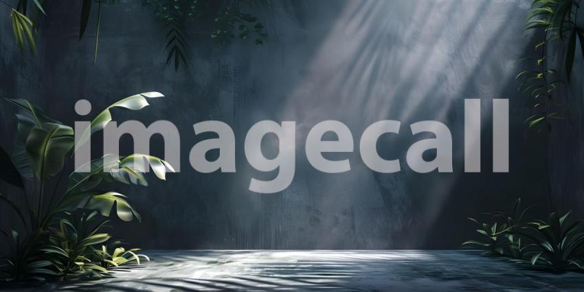 Sleek Black and Grey Studio Background with Leaves - Ai Generated