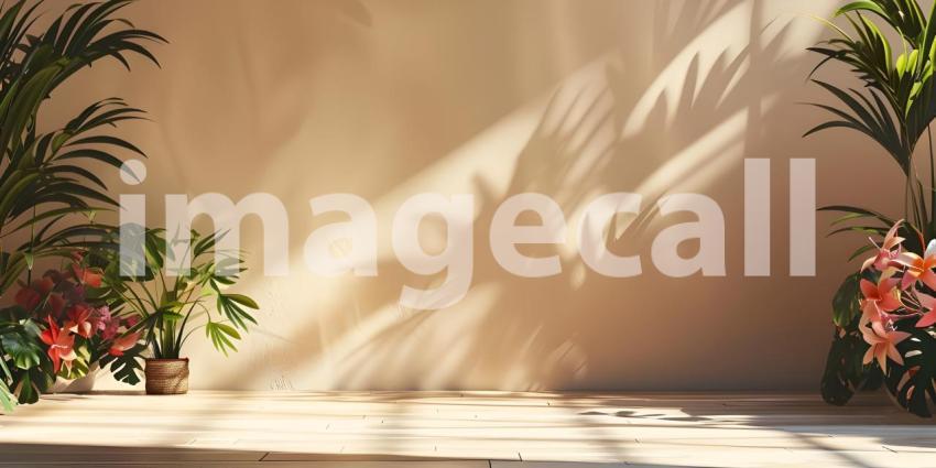 Abstract studio background for product presentation room with shadows, flowers - Ai Generated