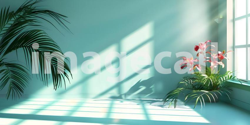 Abstract studio background for product presentation room with shadows, flowers - Ai Generated
