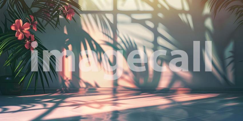 Abstract studio background for product presentation room with shadows, flowers - Ai Generated