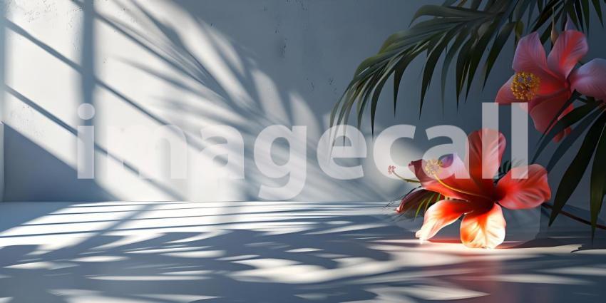 Abstract studio background for product presentation room with shadows, flowers - Ai Generated