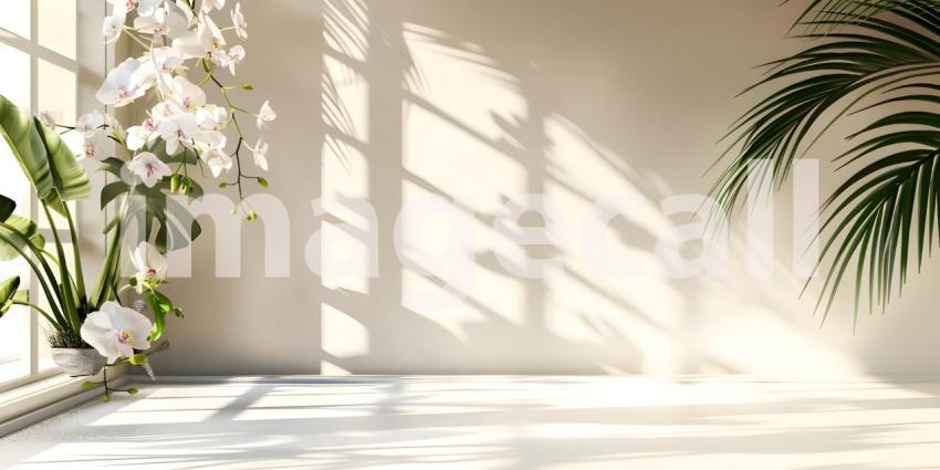 Abstract studio background for product presentation room with shadows, flowers - Ai Generated