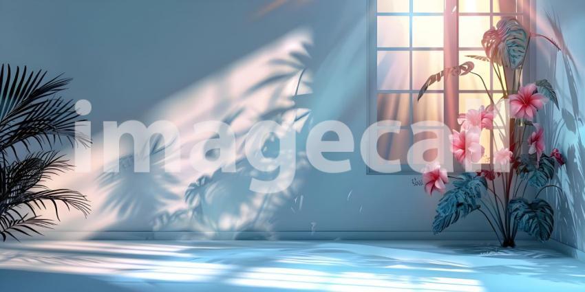 Abstract studio background for product presentation room with shadows, flowers - Ai Generated