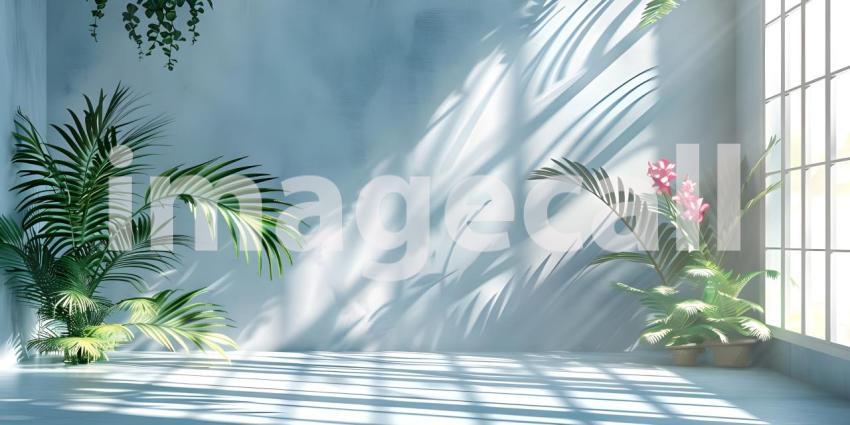 Abstract studio background for product presentation room with shadows, flowers - Ai Generated