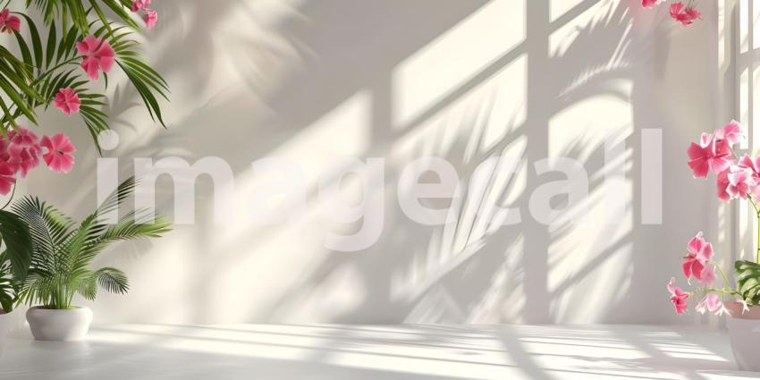 Abstract studio background for product presentation room with shadows, flowers - Ai Generated