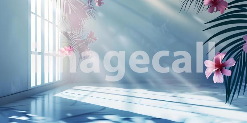 Abstract studio background for product presentation room with shadows, flowers - Ai Generated