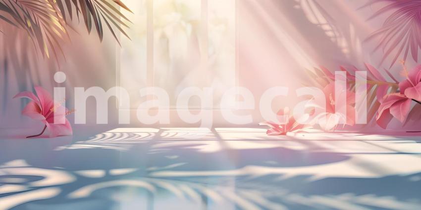 Abstract studio background for product presentation room with shadows, flowers - Ai Generated
