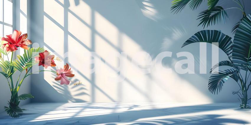 Abstract studio background for product presentation room with shadows, flowers - Ai Generated