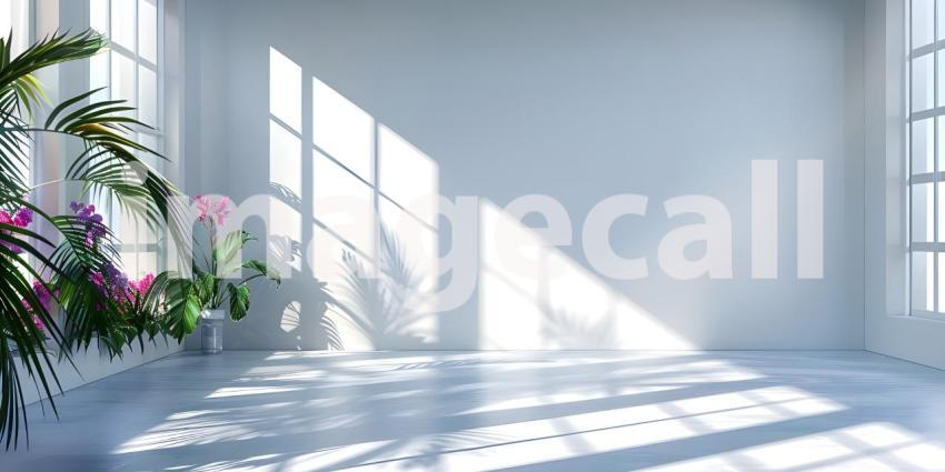 Abstract studio background for product presentation room with shadows, flowers - Ai Generated
