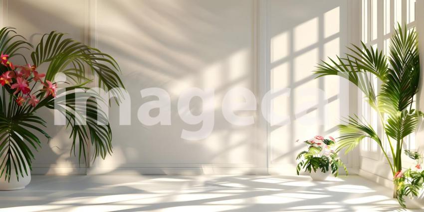 Abstract studio background for product presentation room with shadows, flowers - Ai Generated