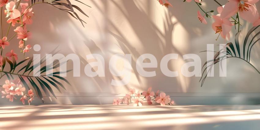 Abstract studio background for product presentation room with shadows, flowers - Ai Generated