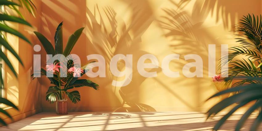 Abstract studio background for product presentation room with shadows, flowers - Ai Generated