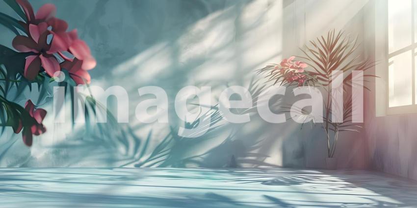 Abstract studio background for product presentation room with shadows, flowers - Ai Generated