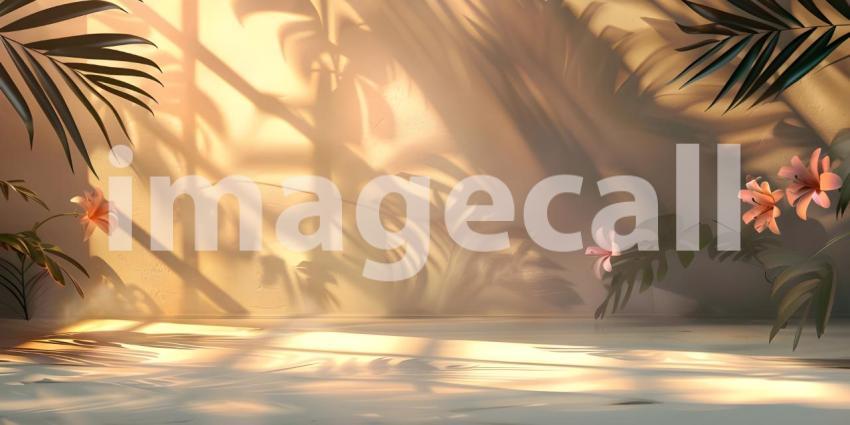 Abstract studio background for product presentation room with shadows, flowers - Ai Generated