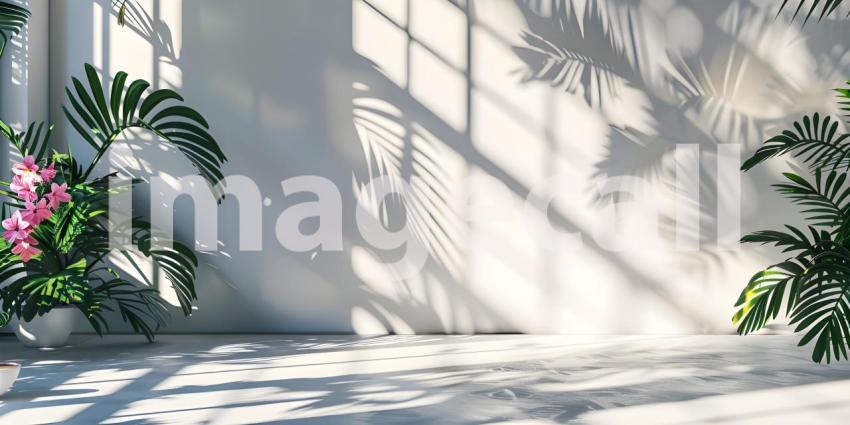 Abstract studio background for product presentation room with shadows, flowers - Ai Generated