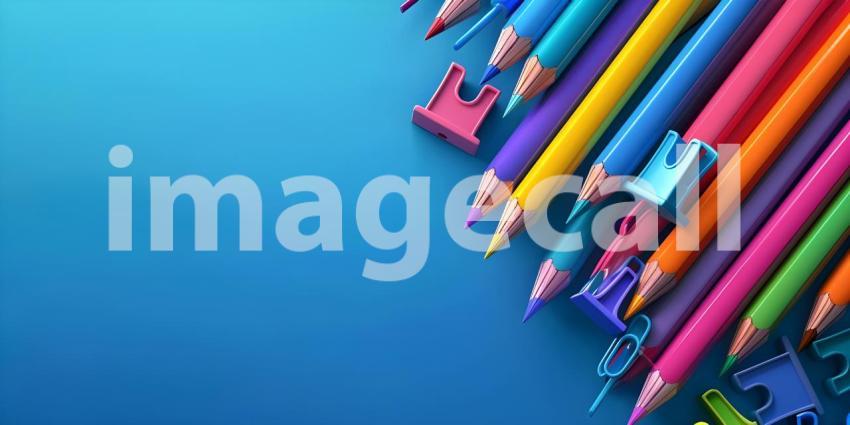 Colorful crayons, pencils and erasers on blue background with copy space - Ai Generated