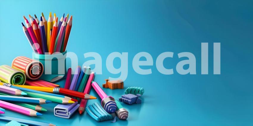 Colorful crayons, pencils and erasers on blue background with copy space - Ai Generated