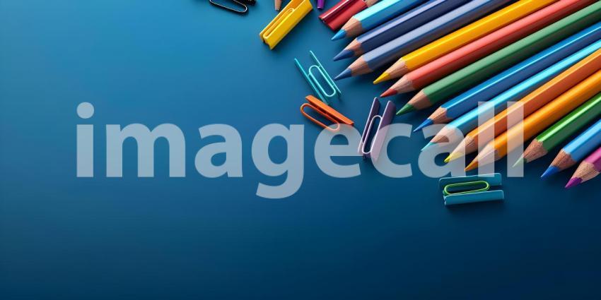 Colorful crayons, pencils and erasers on blue background with copy space - Ai Generated