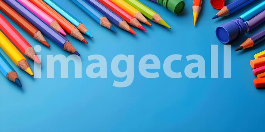 Colorful crayons, pencils and erasers on blue background with copy space - Ai Generated