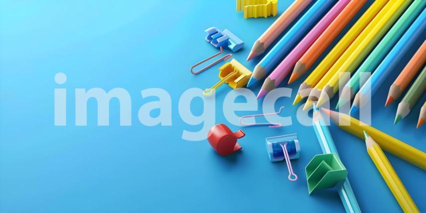 Colorful crayons, pencils and erasers on blue background with copy space - Ai Generated