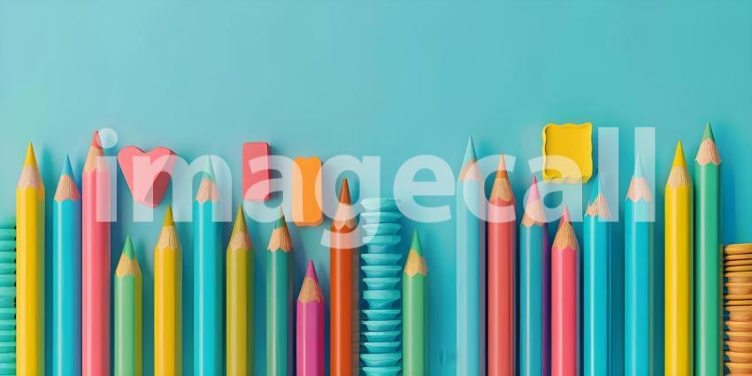 Colorful crayons, pencils and erasers on blue background with copy space - Ai Generated