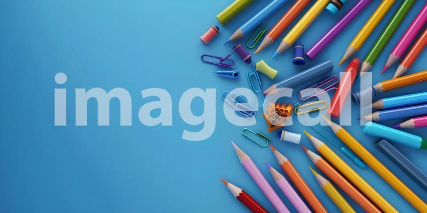 Colorful crayons, pencils and erasers on blue background with copy space - Ai Generated