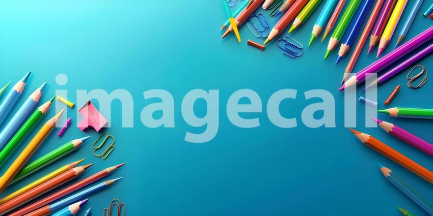 Colorful crayons, pencils and erasers on blue background with copy space - Ai Generated