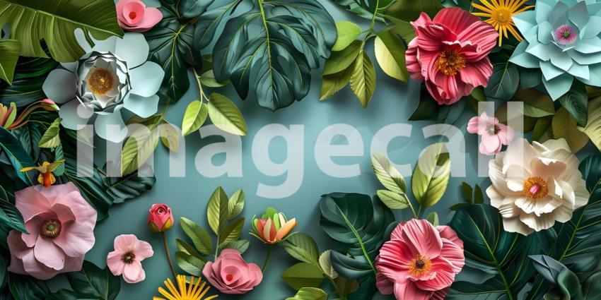 Creative layout made of flowers and leaves with paper card - Ai Generated