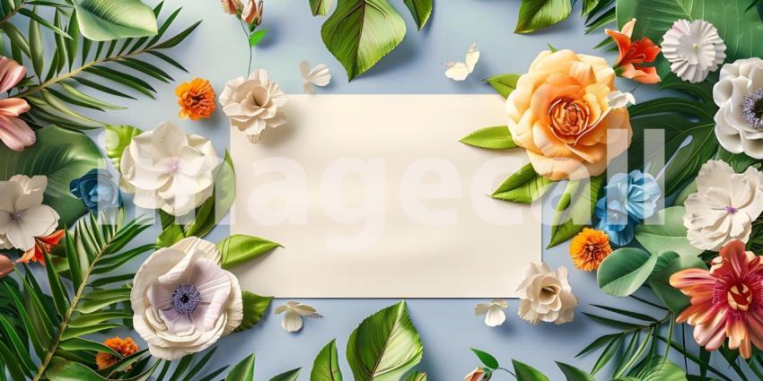 Creative layout made of flowers and leaves with paper card - Ai Generated