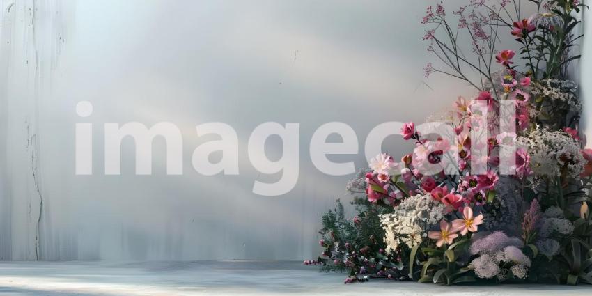 Creative layout made of flowers and leaves with paper card - Ai Generated