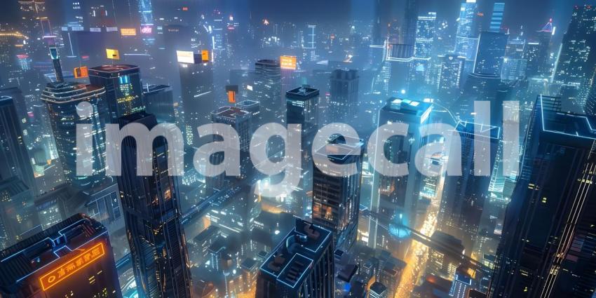 Modern city Skyscrapers at night with network connection concept - Ai Generated