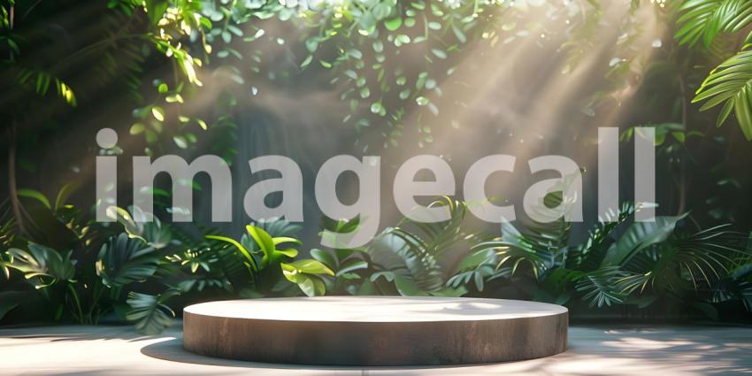 Podium for product stand with plant background and cinematic light, front view - Ai Generated