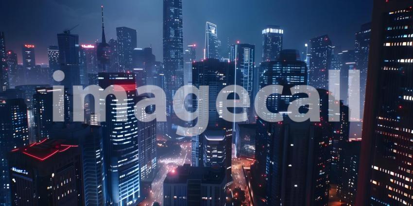 Modern city Skyscrapers at night with network connection concept - Ai Generated