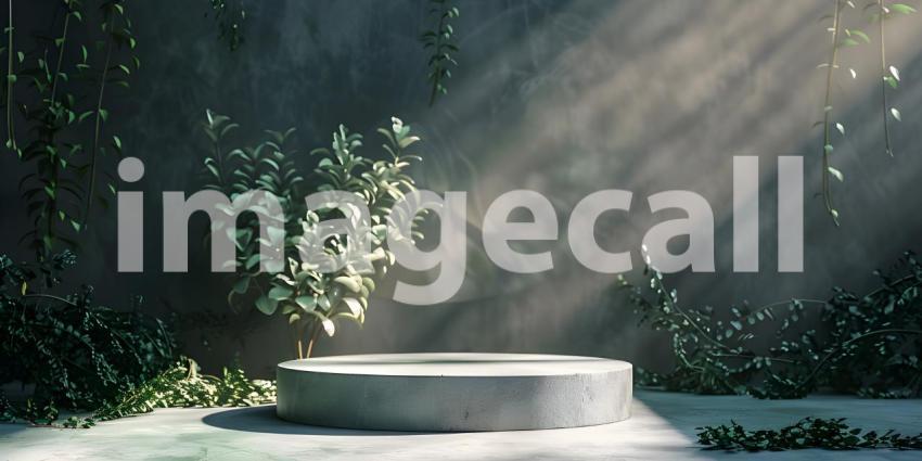 Podium for product stand with plant background and cinematic light, front view - Ai Generated