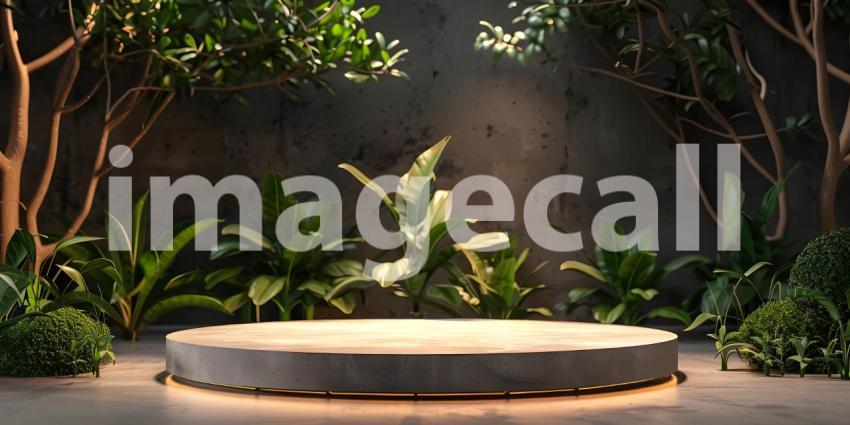 Podium for product stand with plant background and cinematic light, front view - Ai Generated