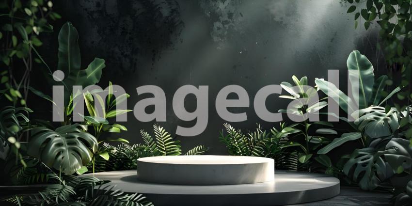 Podium for product stand with plant background and cinematic light, front view - Ai Generated