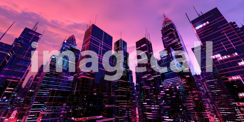 Modern city Skyscrapers at night with network connection concept - Ai Generated