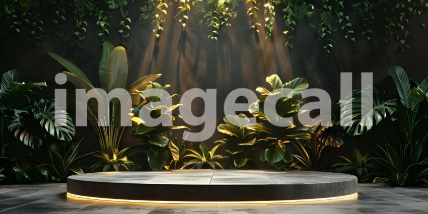 Podium for product stand with plant background and cinematic light, front view - Ai Generated